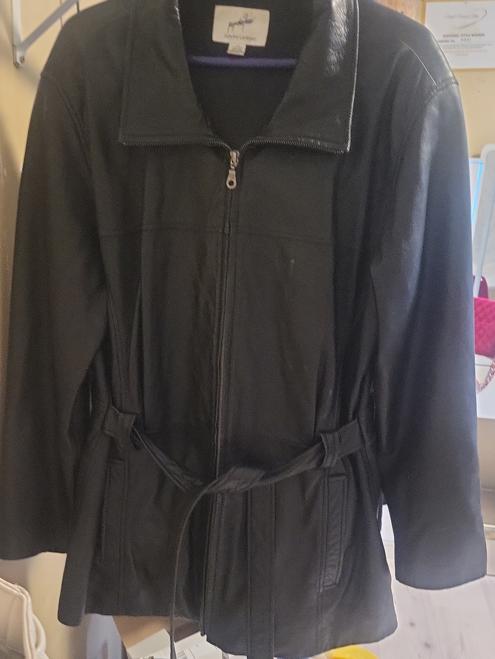 Women's Black Leather Zip Jacket with Tie Waist